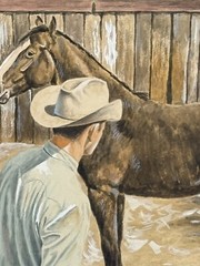 Bob Moline, Texan (1938-2021) Ranch Scene Watercolor Painting – „Breaking Pen“
