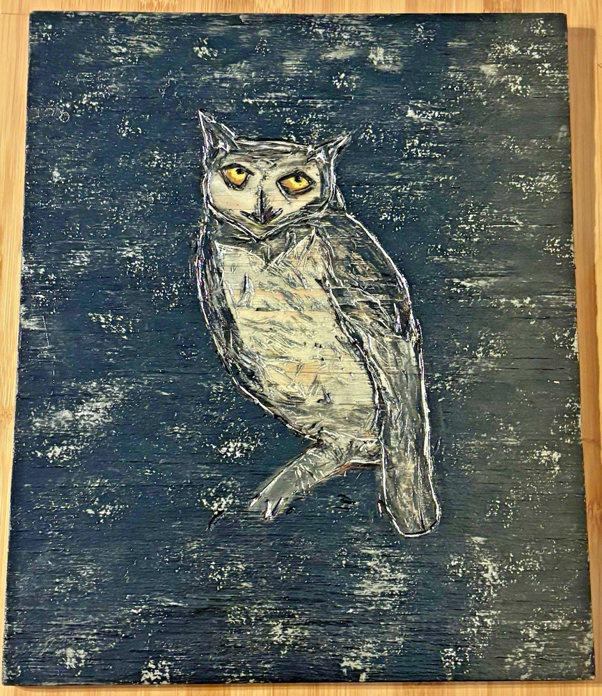 Abstract Owl Animal Nature Wall Art Wood Burn Silver Gray Black Home Decor