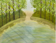 PAINTING WATERCOLOR FOREST TREES POND LANDSCAPE GREEN BLUE 11X14 AND MAT 16X20