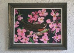 Hand Oil Painting On Canvas American Robin Nestled With Blooming Dogwood Flowers