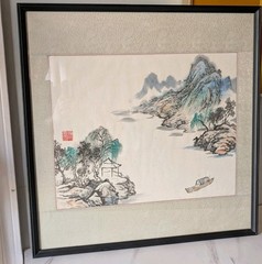 Signed Asian Watercolor on Silk 22×23 Framed