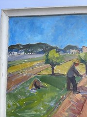 ANTIQUE Farm Farming Painting Impressionism Modernism 1950’s Mid Century Oil