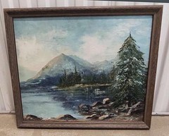 Original Oil Painting Landskape Mountains Lake Forest Signed Katie