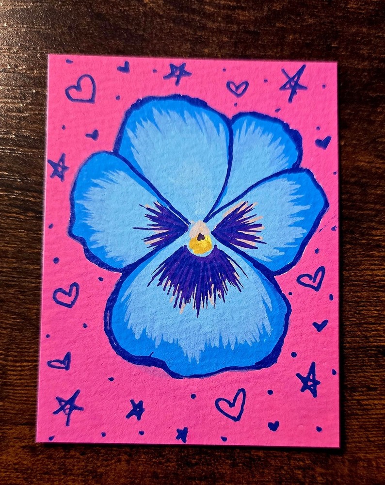 Original aceo painting, flower, pansy, spring, violet, cute, sparkle