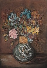 Original Retro Floral Vase Still Life Blue Pink Dry Pastel Painting 8.3×11.4 in