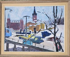ORIGINAL SCANDINAVIAN MODERN OIL PAINTING SWEDISH WINTER CITYSCAPE UPPSALA.