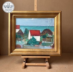 c.1950s Danish Modernist Oil Painting Coastal Village Red Roof Sea. COA