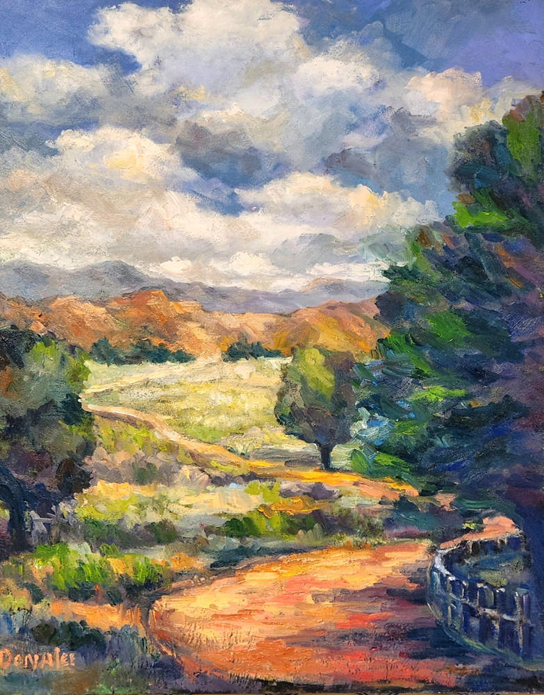 Large Oil Painting Landscape Trees Fields Mountains Clouds Path Signed Donalee