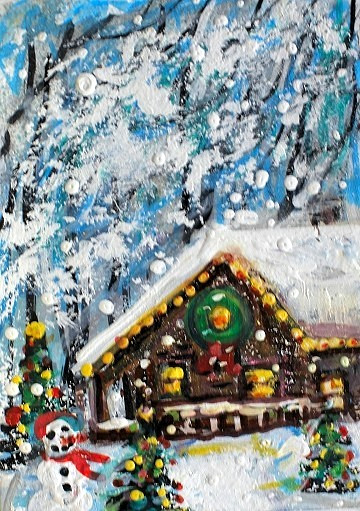 ACEO Original Winter XMAS Cabin Tree PAINTING Snow Snowman Holiday Landscape ART