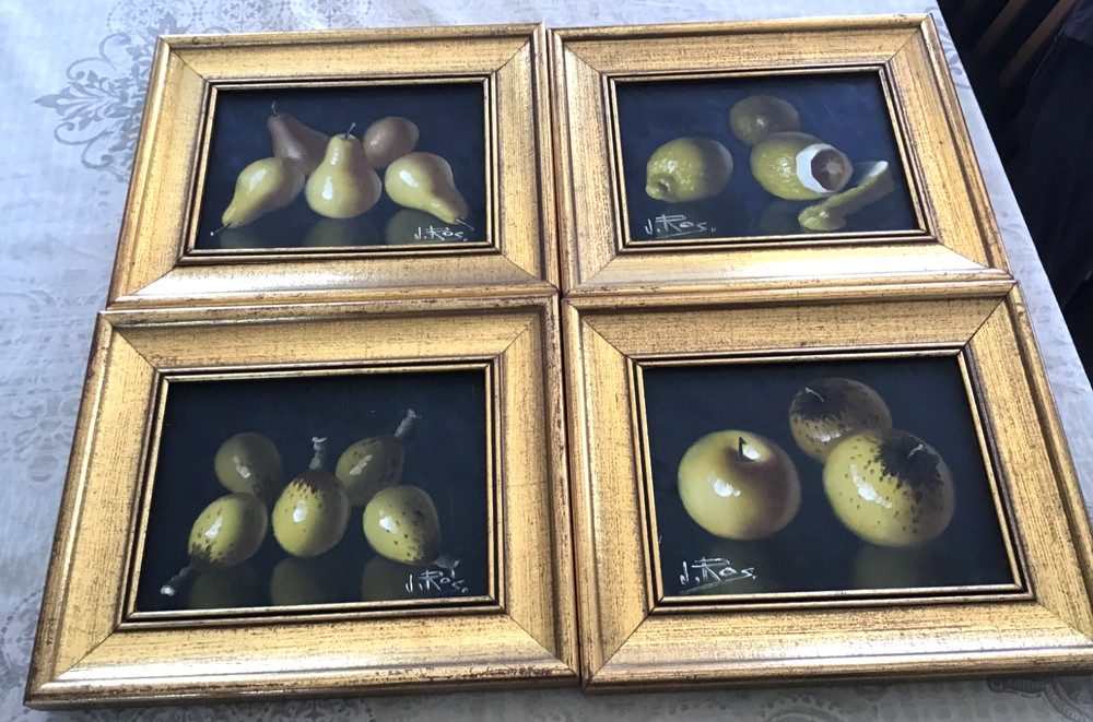 Set of 4 Original J. Ros, Oil Paintings on Canvas, Still Life Various Fruits