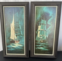 2 x Vintage Mid Century Art Ships Paintings Signed