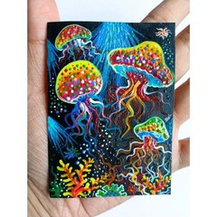 (UV) Radiant ACEO Original Jellyfish Sea Acrylic Hand Painting Art Card NEW OOAK