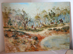 AUSTRALIAN OIL PAINTING ON BOARD ROUNDUP HARNDORF BY MAUREEN RESCHKE CIRCA 1970