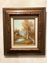 Early Winter Barn & Pond oil on canvas signed by artist Austin 15 5/8 x 17 1/2