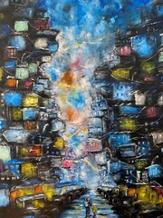 Cyberpunk Painting Cityscape Original Art Abstract Artwork City Wall Art Large