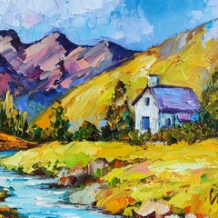 original oil painting Irish Cottage Mountain Landscape River wall art 8*8 inch
