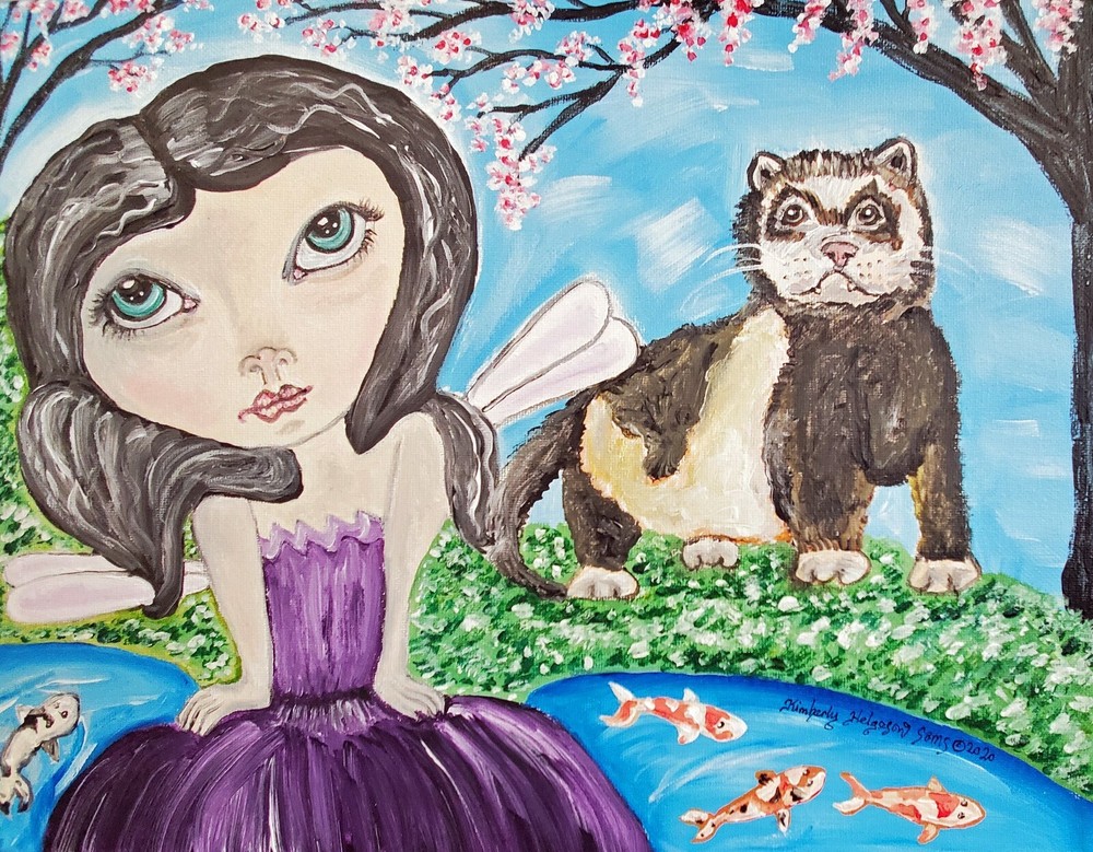 Faery & Ferret Original Painting 11×14 Koi Pond Gothic Vintage Style Art Faerie