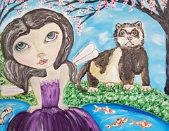 Faery & Ferret Original Painting 11×14 Koi Pond Gothic Vintage Style Art Faerie