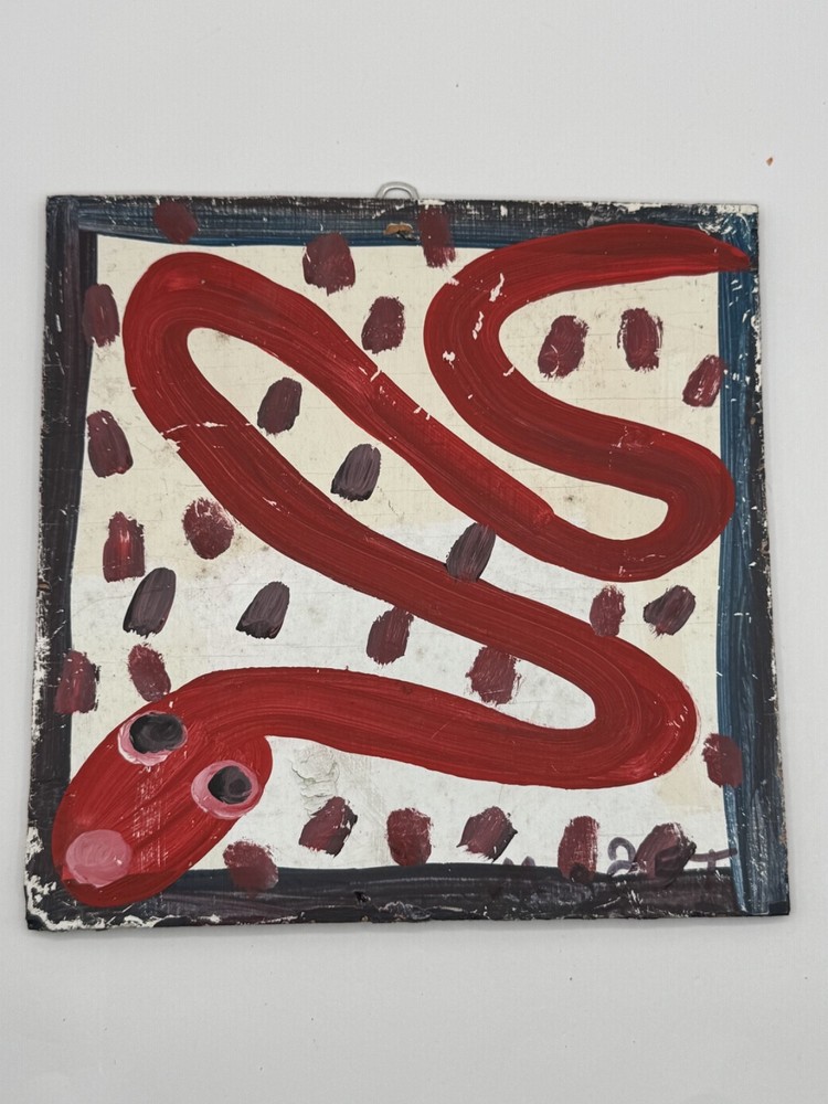 Original Mose Tolliver T Red Snake Folk Art Soda Can Tab Hanger 9.5″ x 9.5″ Read