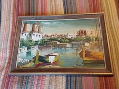 Vintage Original Signed Oil Painting Docked Boats Marina 27.25″ X 18.25″ GC
