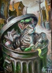 ACEO ORIGINAL PRINT #/ 25 Card Jacob Landis Kitty Tabby Whimsy Art „Trash Cat“