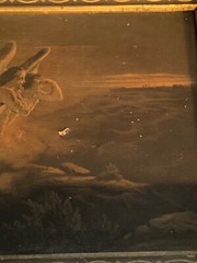 ANTIQUE PAINTING ON CANVAS JESUS ASSESSION ANGELS WATCHING 3 CROSSES IN DISTANCE