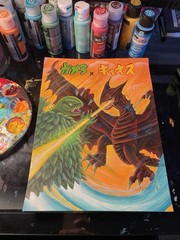 Gamera Vs Gyaos Acrylic Painting Original Artwork 9×12 Inches