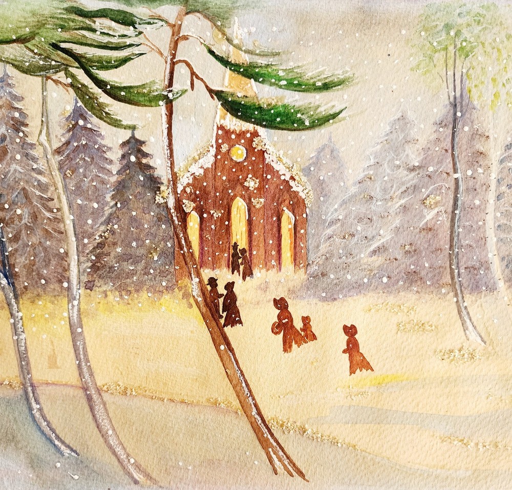1960s Folk Art Original Watercolor Painting Church Patrons Snowy Landscape DWJJ4