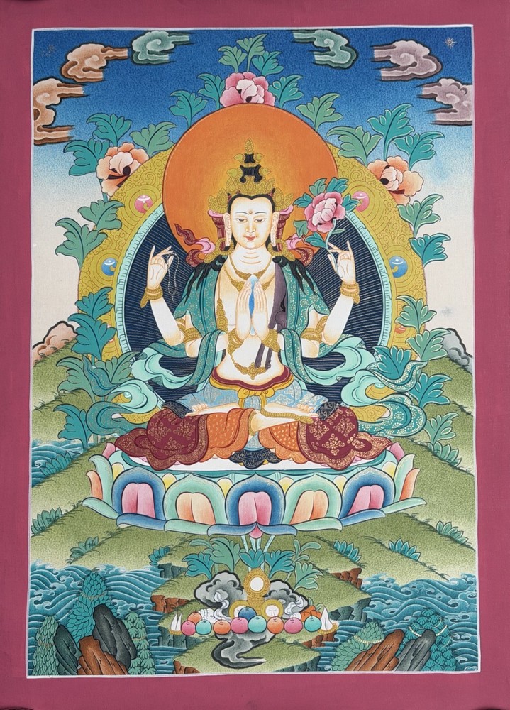 CHENREZIG (AVALOKITESHVARA) HAND-PAINTED TIBETAN THANGKA – ORIGINAL BUDDHIST ART