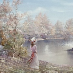 VTG Original Signed FRAMED OILPAINTING ONCANVAS GIRL BY THE LAKE LANDSCAP 29X41”