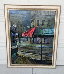 Large Original Mario Benedetti „Cafe Roma“ Oil Painting, c. 1970s Landscape