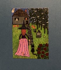 ACEO Original Acrylic Halloween Painting 2.5 X 3.5” ~ Witch & The Eyeball Woods