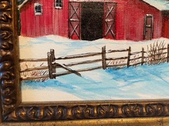 10 x 10 Framed Acrylic Painting on Canvas…..“Winter Barn with Two Pine Trees“