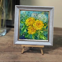 Original Oil Painting Dandelions Yellow Spring Flowers Impasto 4inx4in Signed OS