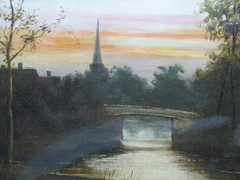Large and Old Oil Painting on Canvas – Sunrise Stream Scape & Church Spire