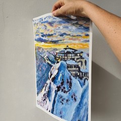Alpine Mountain Sunrise Painting Original Art Snow Lodge Landscape Wall Decor