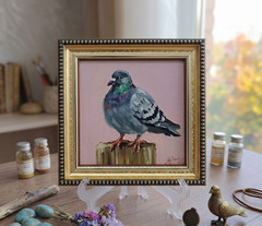 Pigeon Original Oil Painting 4×4 Framed Signed Gray Bird Pink Miniature Art