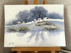 Minimalism Winters cozy shelter mountain holiday Christmas Original painting
