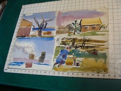 vintage Watercolor: 4 in 1 House, smoke, outside———– aprox 15 1/2 x 23″
