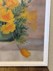 Vintage Art Painting Framed Wall Orange Poppies Flowers In Vase