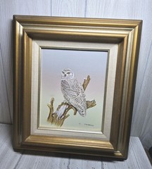 Vintage Snow Owl On Canvas Wildlife Painting Still Life C Carson 8×10 Serigraph