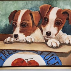 Jack Russell Terrier Puppies in Box Original Oil Painting 16×20 Canvas Dog Decor