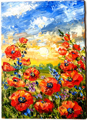 Red Poppies ORIGINAL OIL Painting , impasto 7″x5″ by Olga Diduh.