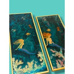 Vintage Set of Mermaid Mixed Media Paintings Framed Pair Coastal Mermaidcore Art
