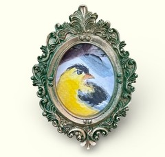 American Goldfinch bird mini watercolor print in vintage style ornate frame