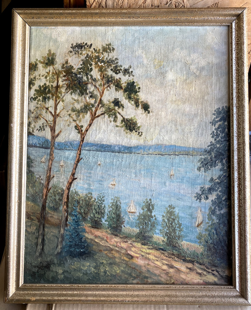 OIL PAINTING TREES SAILBOATS BAY PINES SHORE SUMMER DAY SAILING SPORT WATER OIL