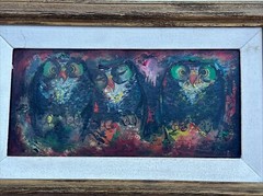 VINTAGE OWL PAINTING MYSTERY ARTIST EXPRESSIONISM MID CENTURY MODERN SIGNED