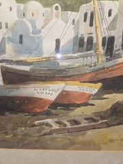 Framed Watercolor Painting of Boats by the Shore