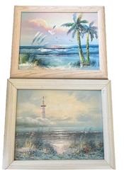 Lot 2 Original Paintings Tropical Coastal PALM TREES Light House Ocean Florida