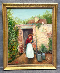 MS M.S. SIGNED OIL PAINTING WOMAN WITH FLOWERS WATERING CAN HOME HOUSE GARDEN